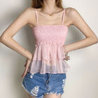 Pink Sexy Womens Summer Cami Tops Hem Mesh Spliced With Lotus Leaf Design